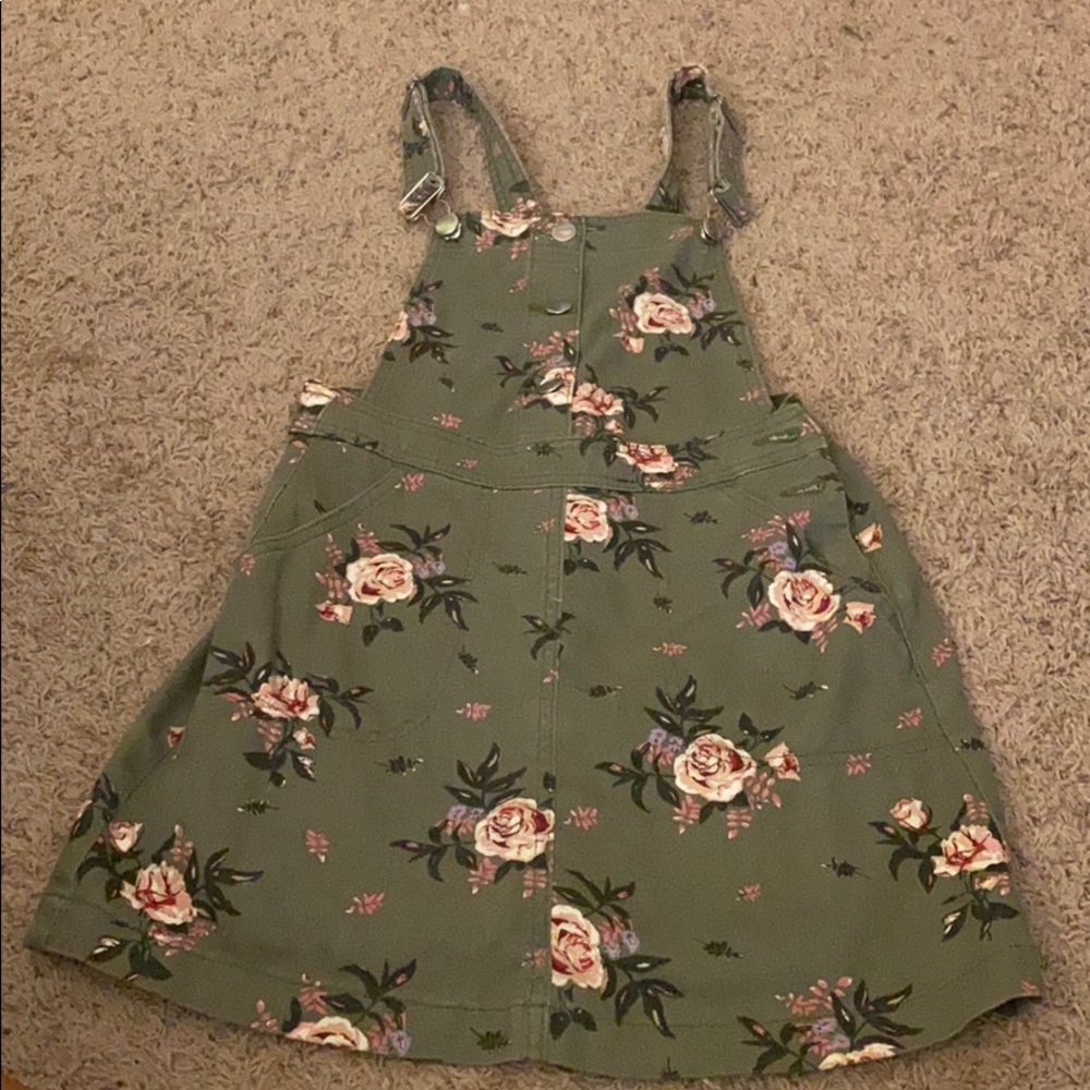 Army Green/ Floral Overall dress with pockets